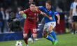 Diogo Jota of Liverpool FC and Alessio Zerbin of SSC Napoli compete for the ball during th...