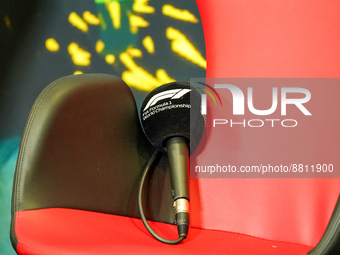 Formula 1 microphone during the driver press conference of F1 Grand Prix of Italy at Autodromo di Monza on September 8, 2022. (