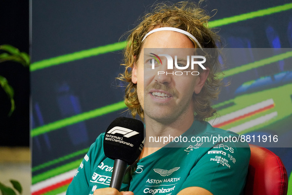 Sebastian Vettel driving the (05) Aston Martin Aramco Cognizant F1 Team AMR22 during the driver press conference of F1 Grand Prix of Italy a...
