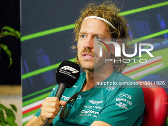 Sebastian Vettel driving the (05) Aston Martin Aramco Cognizant F1 Team AMR22 during the driver press conference of F1 Grand Prix of Italy a...