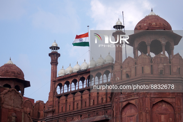The Indian national flag flies half-mast at the historic Red Fort, as India observes one-day state mourning following the death of Queen Eli...