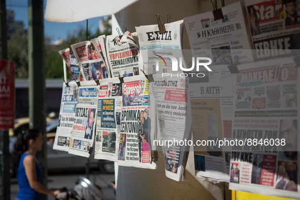 Newspapers are hanging on a kiosk in the center of Athens, Greece on September 14, 2022. 