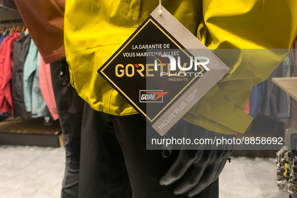 Gore-Tex logo is seen on a jacket's label in the store in Krakow, Poland on September 16, 2022. 
