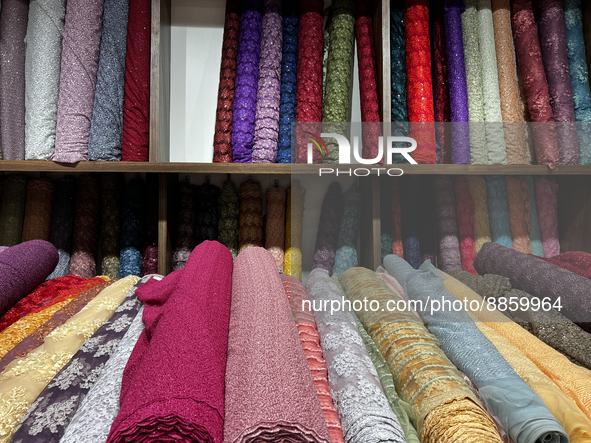 Rolls of fabric at a textile shop in Thiruvananthapuram, Kerala, India, on May 22, 2022. 