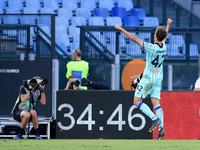 Giorgio Scalvini of Atalanta BC celebrates after scoring first goal during the Serie A match between AS Roma and Atalanta BC at Stadio Olimp...