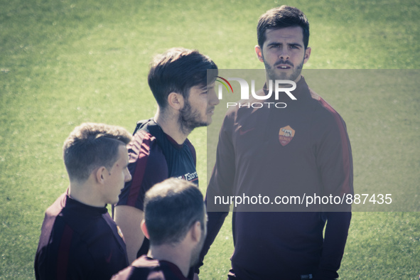 Mialem Pjanic, AS Roma's player, warm up during a training session, on the eve of the team's Champions League football match against Bayer L...