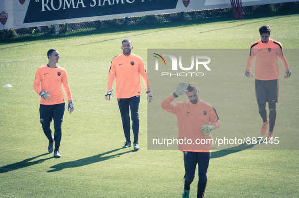 AS Roma's players warm up during a training session, on the eve of the team's Champions League football match against Bayer Leverkusen
 , at...
