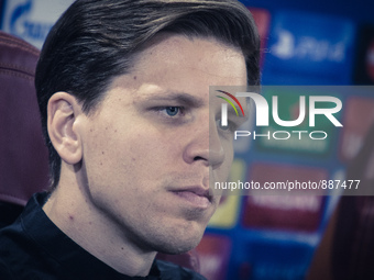 AS Roma's goalKeeper, Wojcech Szczesny, during press conference, on the eve of the team's Champions League football match against FC Bayer L...