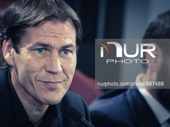 As Roma's coach Rudi Garcia gives press conference, on the eve of the team's Champions League football match against FC Bayer Leverkusen, at...