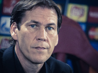 As Roma's coach Rudi Garcia gives press conference, on the eve of the team's Champions League football match against FC Bayer Leverkusen, at...