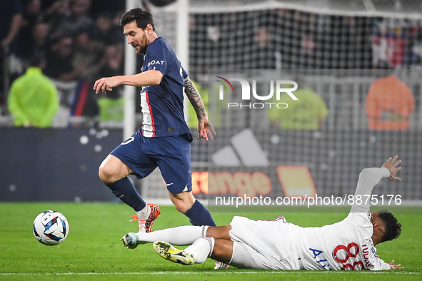 Lionel (Leo) MESSI of PSG and Corentin TOLISSO of Lyon during the French championship Ligue 1 football match between Olympique Lyonnais and...