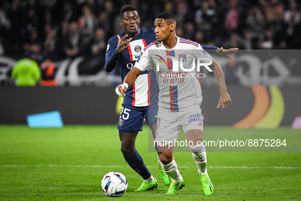 Nuno MENDES of PSG and Tete of Lyon during the French championship Ligue 1 football match between Olympique Lyonnais and Paris Saint-Germain...