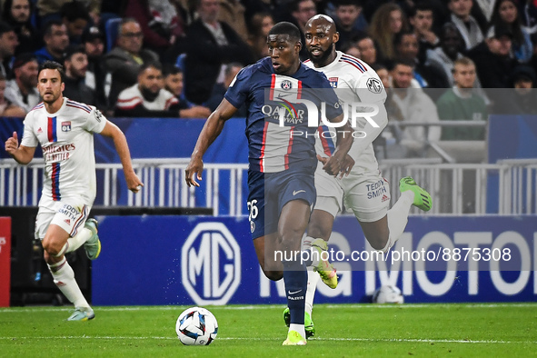 Nordi MUKIELE of PSG and Moussa DEMBELE of Lyon during the French championship Ligue 1 football match between Olympique Lyonnais and Paris S...