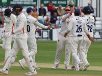 Essex's Simon Harmer celebrates the wicket of George Balderson of Lancashire CCC during LV= COUNTY CHAMPIONSHIP - DIVISION ONE Day One of 4...