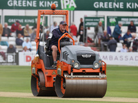 Groundsman rolling the wicket during LV= COUNTY CHAMPIONSHIP - DIVISION ONE Day One of 4 match between Essex CCC against Lancashire CCC at T...