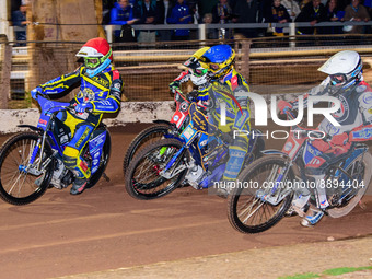 Matej Zagar (White) inside Kyle Howarth  (Blue), Charles Wright  (Yellow) and Adam Ellis  (Red) during the SGB Premiership match between She...