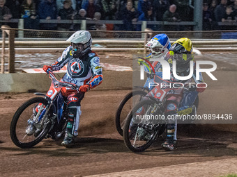 Matej Zagar (White) and Tom Brennan  (Yellow) lead Lewis Kerr  (Blue)during the SGB Premiership match between Sheffield Tigers and Belle Vue...