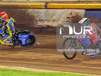 Matej Zagar (White) chases Adam Ellis  (Red) during the SGB Premiership match between Sheffield Tigers and Belle Vue Aces at Owlerton Stadiu...