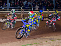 Adam Ellis  (Red) leads Kyle Howarth  (Blue) Charles Wright  (White) and Tom Brennan  (Yellow) during the SGB Premiership match between Shef...