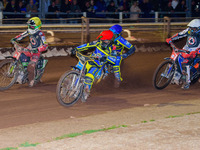 Jack Holder  (Red) leads Charles Wright  (Yellow), Justin Sedgmen  (Blue) and Matej Zagar (White) during the SGB Premiership match between S...