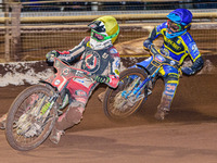Charles Wright  (Yellow) inside Justin Sedgmen  (Blue)during the SGB Premiership match between Sheffield Tigers and Belle Vue Aces at Owlert...