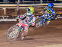 Charles Wright  (Yellow) leads Justin Sedgmen (Blue)  during the SGB Premiership match between Sheffield Tigers and Belle Vue Aces at Owlert...