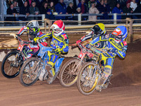 Lewis Kerr  (Red) leads Tom Brennan  (White), Connor Mountain  (Blue) and Norick Blodorn  (Yellow) during the SGB Premiership match between...