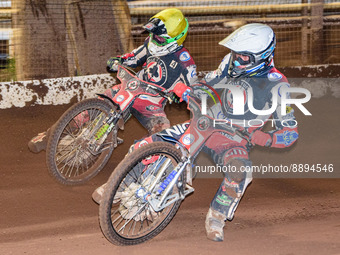 Matej Zagar (White) and Charles Wright  in action  for Belle Vue ATPI Aces  during the SGB Premiership match between Sheffield Tigers and Be...