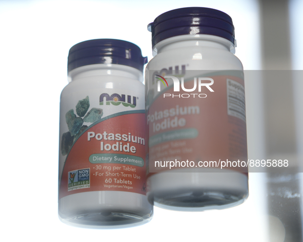 Bottles with potassium iodine pills is seen in this photo illustration in Warsaw, Poland on 23 September, 2022. The Polish government has di...
