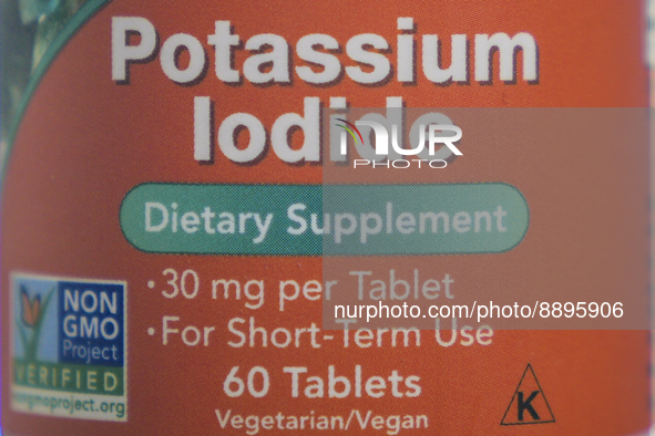 A label on a bottle with potassium iodine pills is seen in this photo illustration in Warsaw, Poland on 23 September, 2022. The Polish gover...
