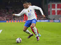 Kylian Mbappé (France)   controls the ball during Denmark and France at Parken,  Copenhagen, Denmark on 25 September 2022.  (