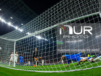 Federico Dimarco of Italy shots the second goal during the UEFA Nations League A3 match at Puskás Aréna on Sept 26, 2022 in Budapest, Hungar...