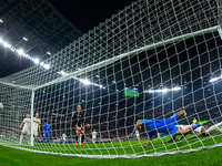 Federico Dimarco of Italy shots the second goal during the UEFA Nations League A3 match at Puskás Aréna on Sept 26, 2022 in Budapest, Hungar...