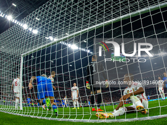 Loic Négo of Hungary relises the second goal during the UEFA Nations League A3 match at Puskás Aréna on Sept 26, 2022 in Budapest, Hungary....