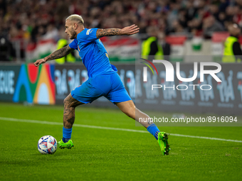 Federico Dimarco of Italy competes for the ball during the UEFA Nations League A3 match at Puskás Aréna on Sept 26, 2022 in Budapest, Hungar...