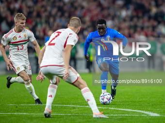Wilfried Gnonto of Italy competes for the ball during the UEFA Nations League A3 match at Puskás Aréna on Sept 26, 2022 in Budapest, Hungary...
