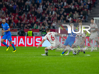 Willi Orbán of Hungary competes for the ball during the UEFA Nations League A3 match at Puskás Aréna on Sept 26, 2022 in Budapest, Hungary....
