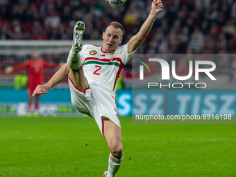 Adam Lang of Hungary competes for the ball during the UEFA Nations League A3 match at Puskás Aréna on Sept 26, 2022 in Budapest, Hungary. (