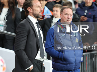 LONDON ENGLAND - SEPTEMBER 26 : L-R Gareth Southgate manager and Assistant Manager Steve Holland during UEFA Nations League - Group A3 match...