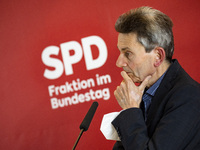 Leader of Parliamentary Group of the German Social Democratic Party SPD Rolf Muetzenich gives a press statement before the fraction meeting...