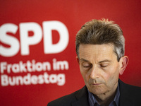 Leader of Parliamentary Group of the German Social Democratic Party SPD Rolf Muetzenich gives a press statement before the fraction meeting...