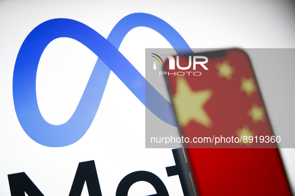 The Chinese flag is seen on a mobile phone with the Meta logo in the background in this photo illustration in Warsaw, Poland on 27 September...
