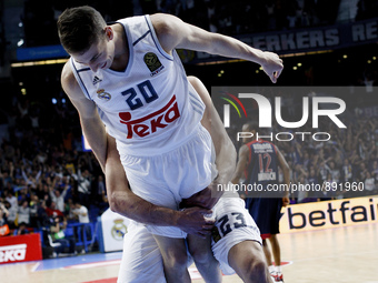 SPAIN, Madrid: Real Madrid's American player Jaycee Carroll and Real Madrid's Spanish player Sergio Llull celebrates victory during the Turk...