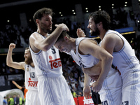 SPAIN, Madrid: several players of Real Madrid celebrates victory during the Turkish Airlines Euroleague 2015/16 match between Real Madrid an...