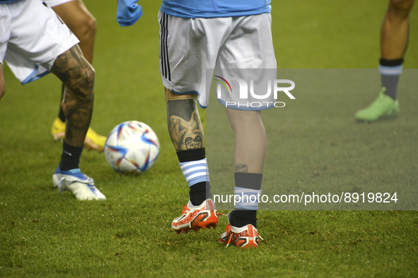 Lionel Messi #10 of Argentina warms up before the friendly match against Jamaica at Red Bull Arena on September 27, 2022 in Harrison, New Je...