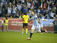 Argentina's Lionel Messi celebrates his goal during the international friendly football match between Argentina and Jamaica at Red Bull Aren...