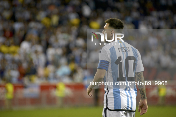 Argentina's Lionel Messi plays in the friendly match with Jamaica during the international friendly soccer match between at Red Bull Arena i...