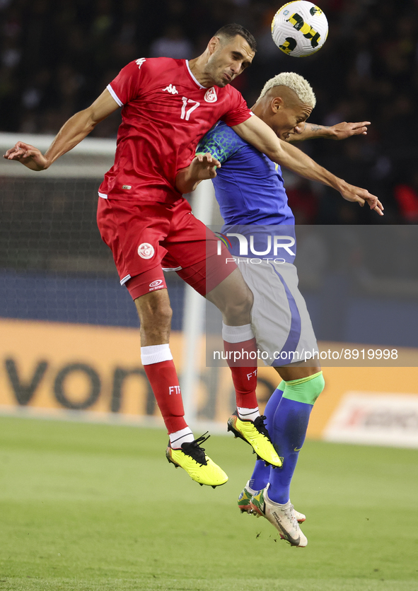 Ellyes Skhiri of Tunisia, Richarlison de Andrade of Brazil during the International friendly game, football match between Brazil and Tunisia...