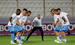 Israeli national team soccer players warm up ahead of the friendly international soccer...