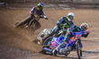 Aaron Summers (Yellow) leads Jason Doyle (White) and Tom Brennan  (Blue)during the SGB Pre...